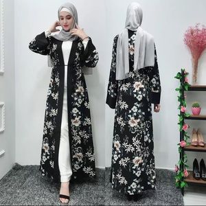 Black floral open abaya